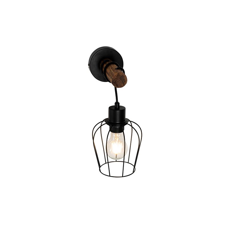 Landelijke wandlamp zwart met hout - Stronk