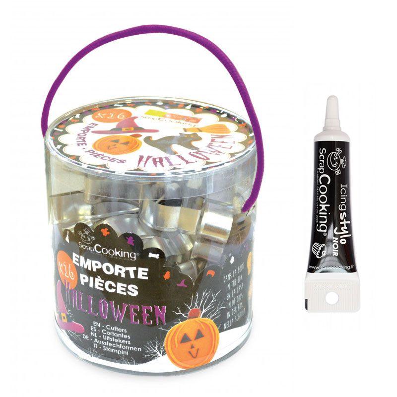 Seau 16 emporte-pièces à pâtisserie Halloween + stylo alimentaire noir