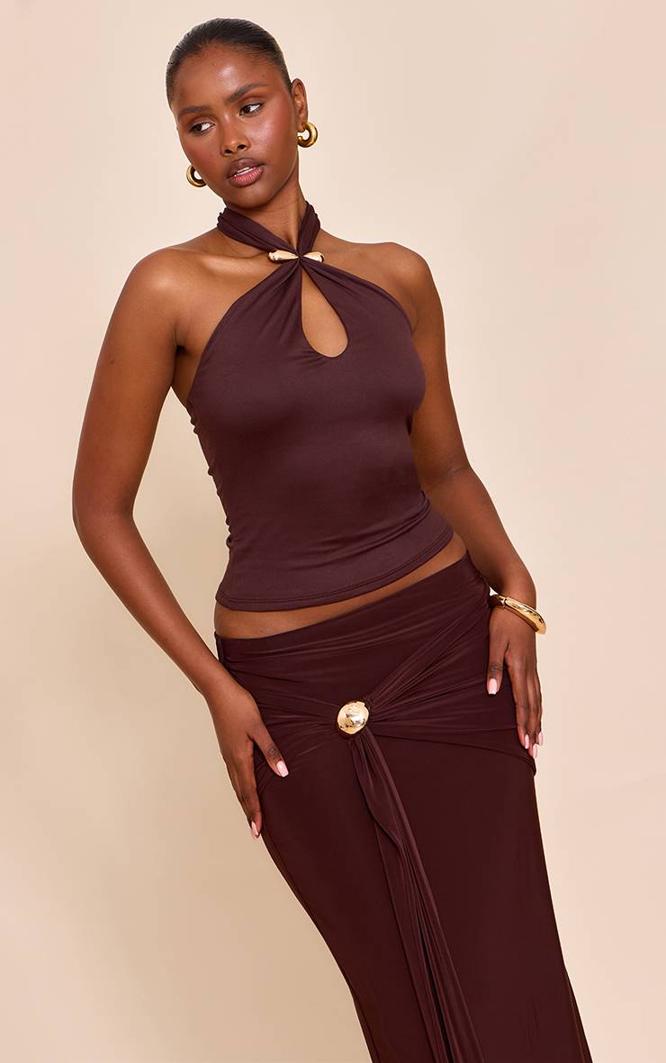 Chocolat Top Long Col Licou À Détail Bordure Double Couche Toucher Doux