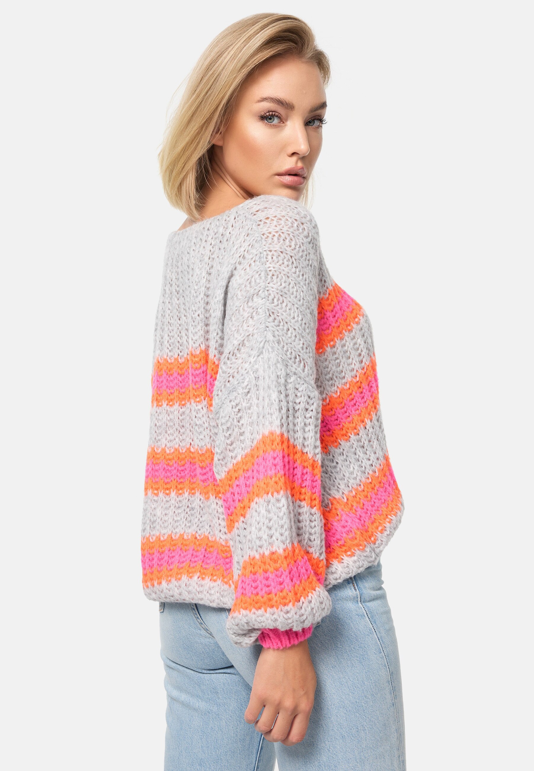 PM SELECTED Damen Strickpullover Kuscheliger Bunter Pullover Gestreifter Pulli in Einheitsgröße PM01