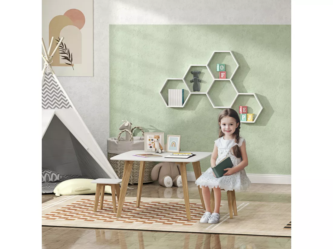 Ensemble table 2 tabourets enfant design scandinave - 3 pièces - piètement effilé bois MDF blanc