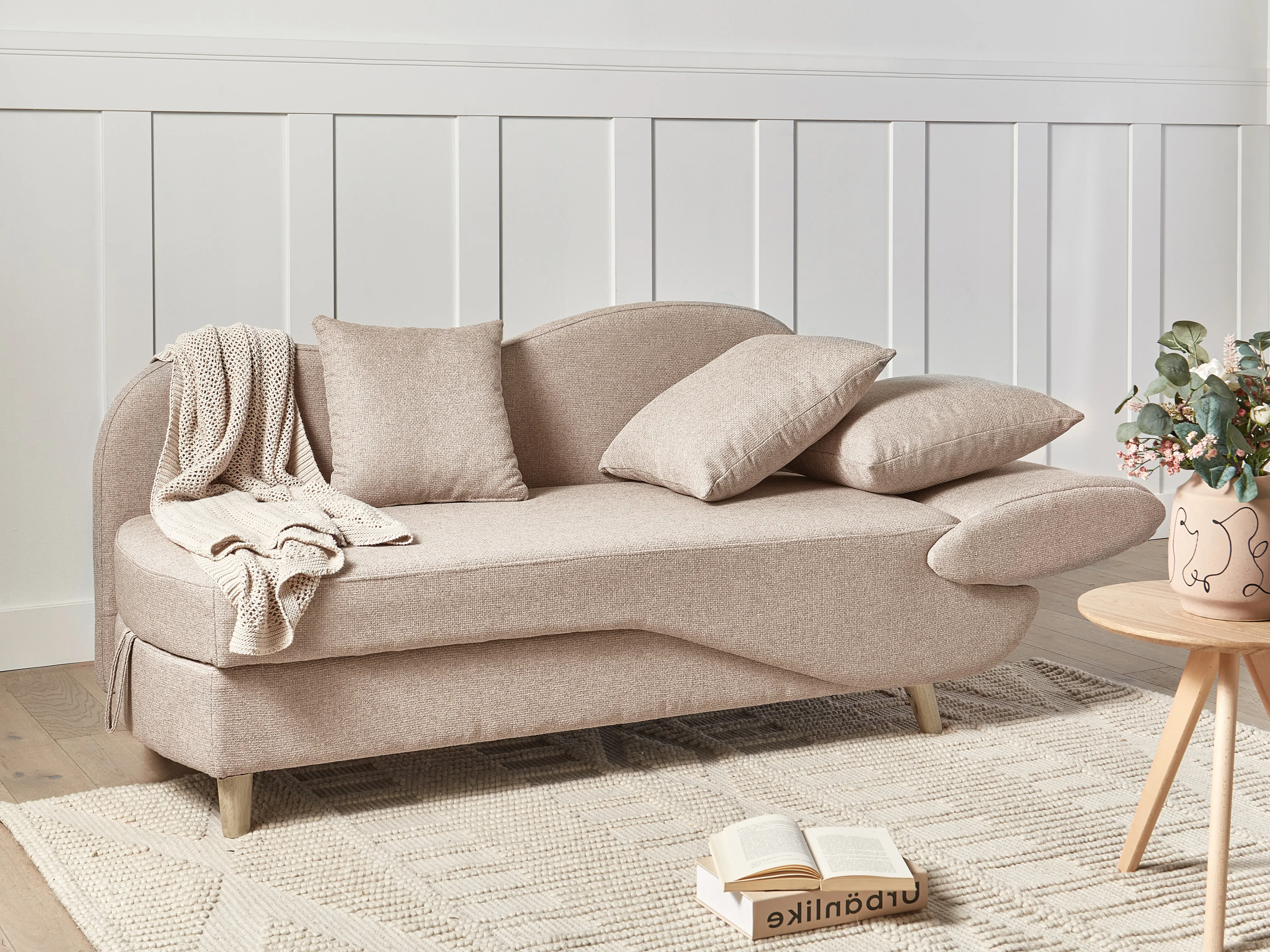 Rechtszijdige chaise longue MERI Kunstlinnen Lichtbruin met opbergruimte