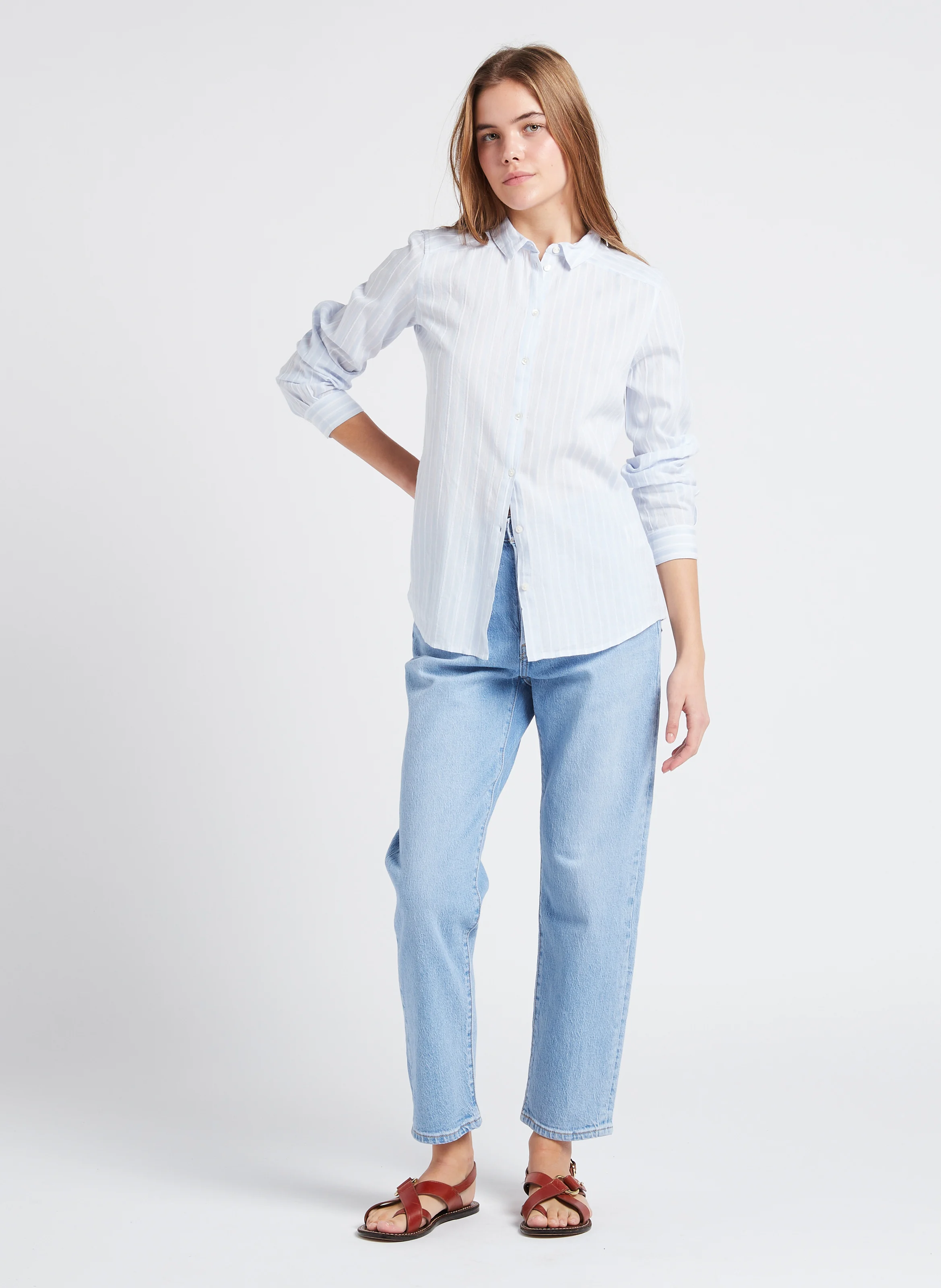 SCHERIF - Chemise droite col classique à rayures en coton | Bleu