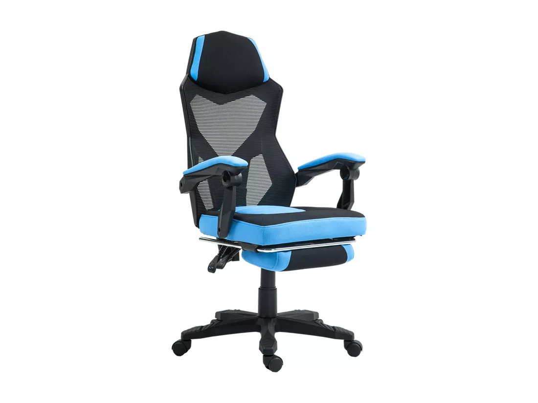 Fauteuil gaming chaise gamer dossier et hauteur réglable roulettes pivotantes repose-pied tissu maille bleu noir