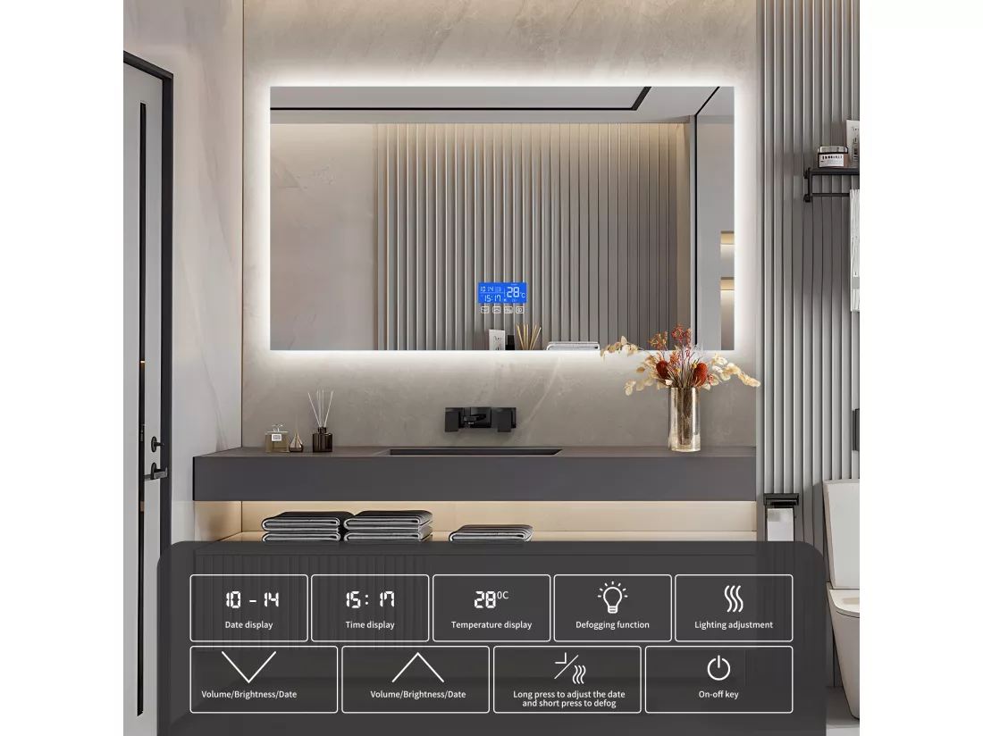 Miroir Salle de Bain avec Éclairage - 120 x 80 cm - Miroir LED Salle de Bain - avec Tactile, Anti-buée, Horloge, Température, Dimmable