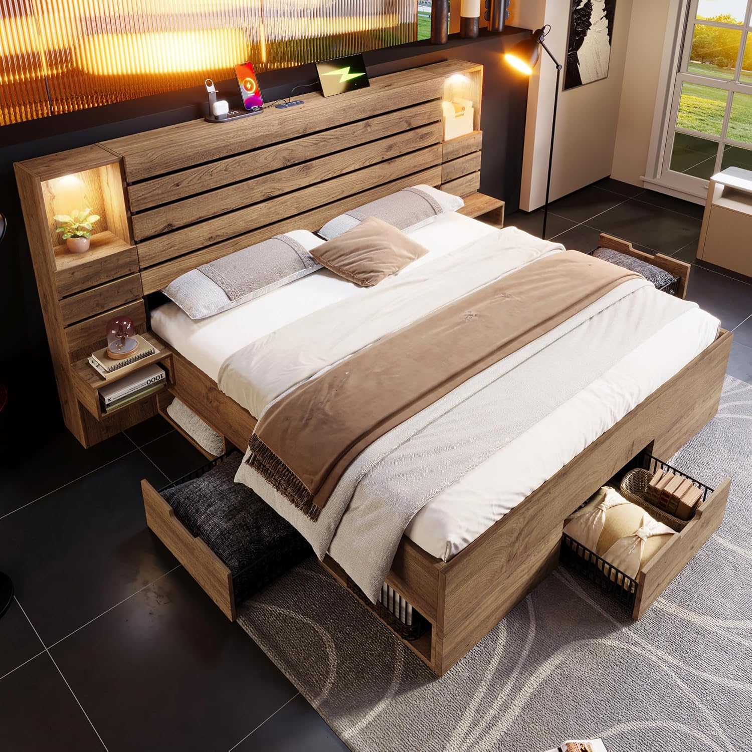 Kebnor Holzbett Doppelbett 160x200 cm mit LED-Downlights und USB Type-C, beleuchtete Nische, schwebende Nachttische, Unterbett-Stauraum mit Schubladen, Eichenoptik (Ohne Matratze) (160×200cm(Typ 3))