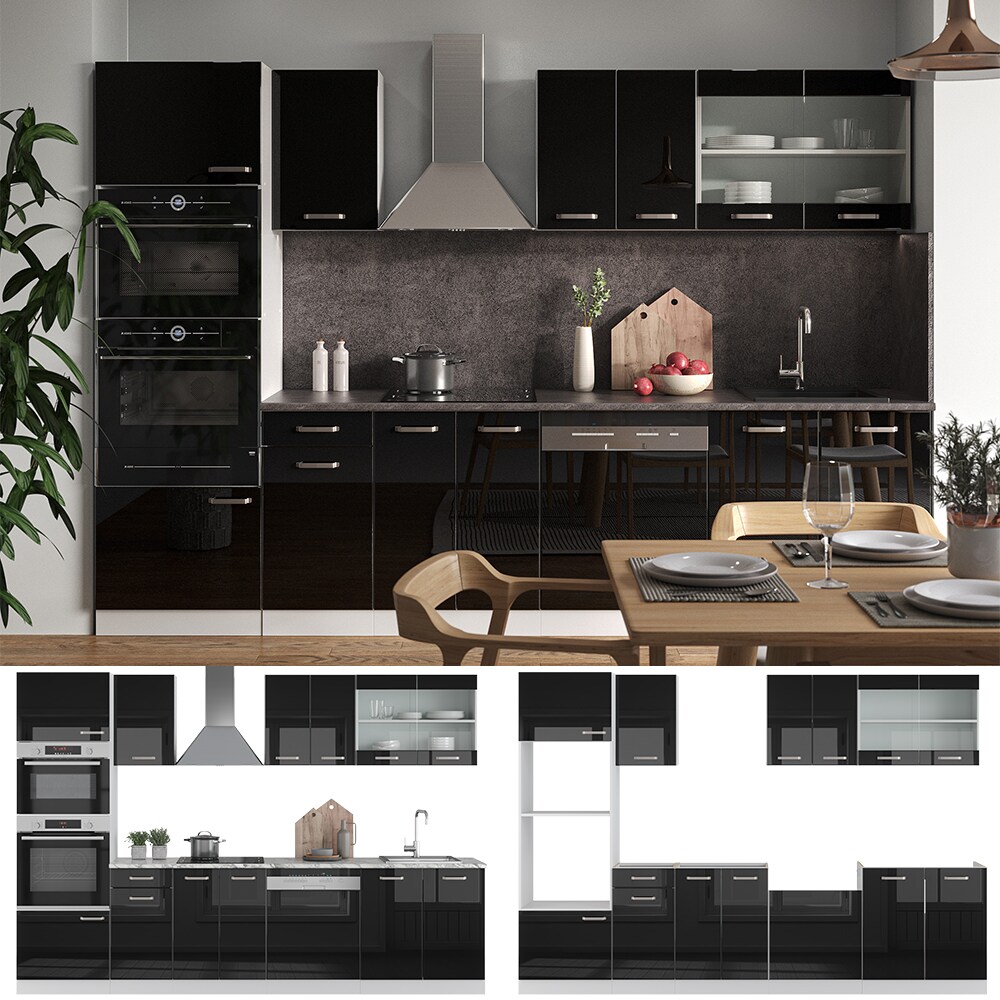 Vicco Küchenzeile R-Line Solid Weiß Schwarz 300 cm Arbeitsplatte modern Küchenschränke Küchenmöbel