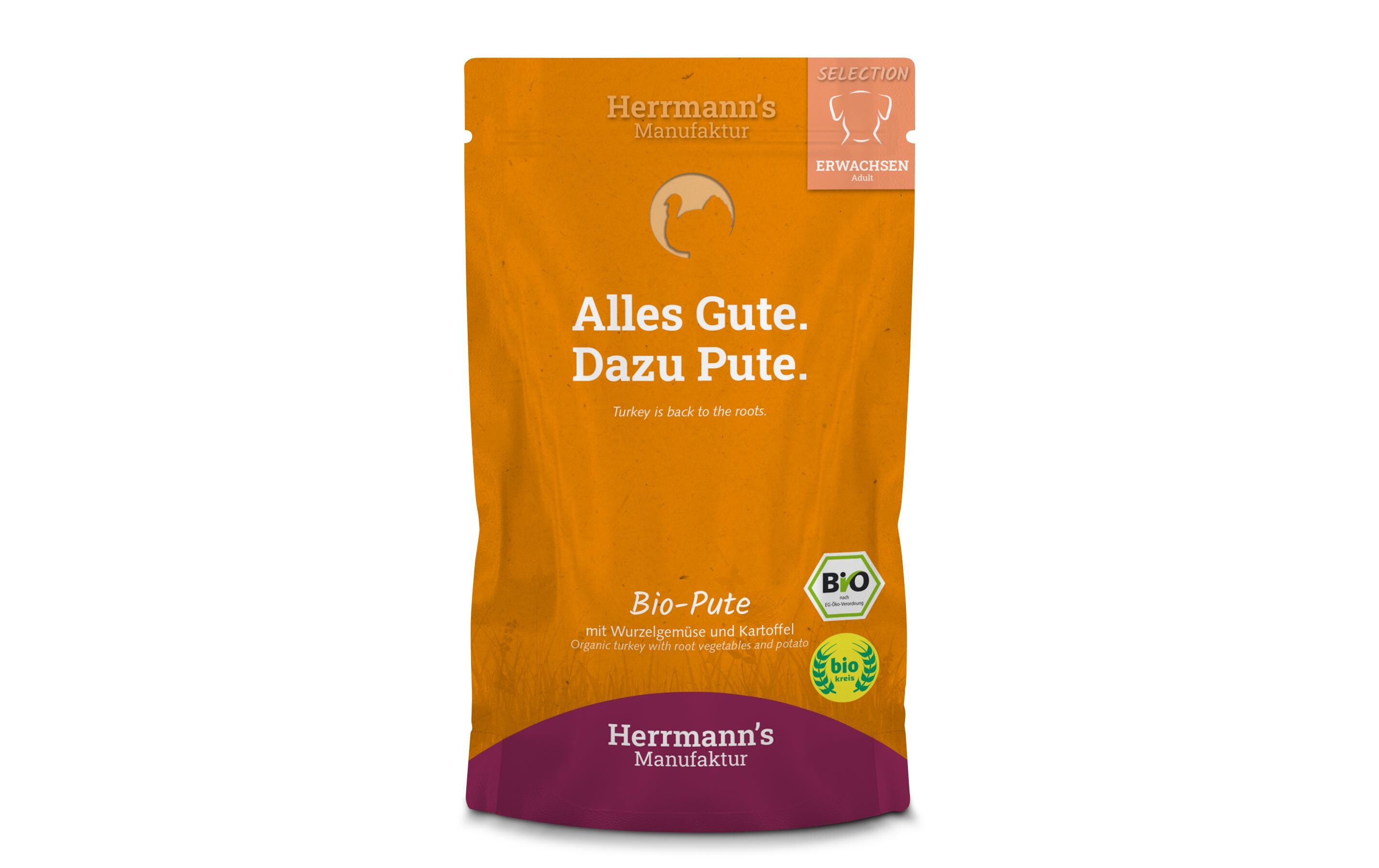 Nassfutter Bio Pute, Wurzelgemüse/Kartoffeln/Fenchel,15x150gAlleinfuttermittel für Hunde aller Altersklassen