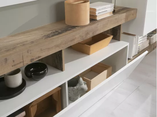 Meuble TV SEFRO - 1 porte et 4 niches - Blanc laqué et chêne