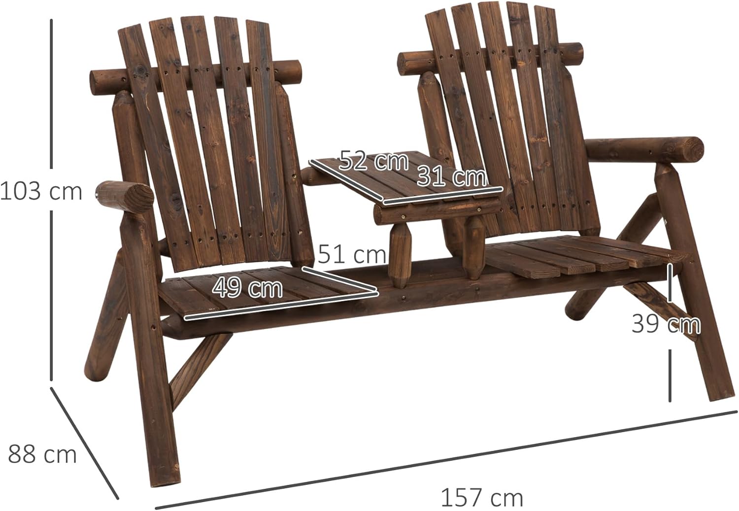 Outsunny Gartenbank mit Tisch, Gartenmöbel, Sitzbank, 2 Stühle, Massivholz, Braun, 157 x 88 x 103 cm