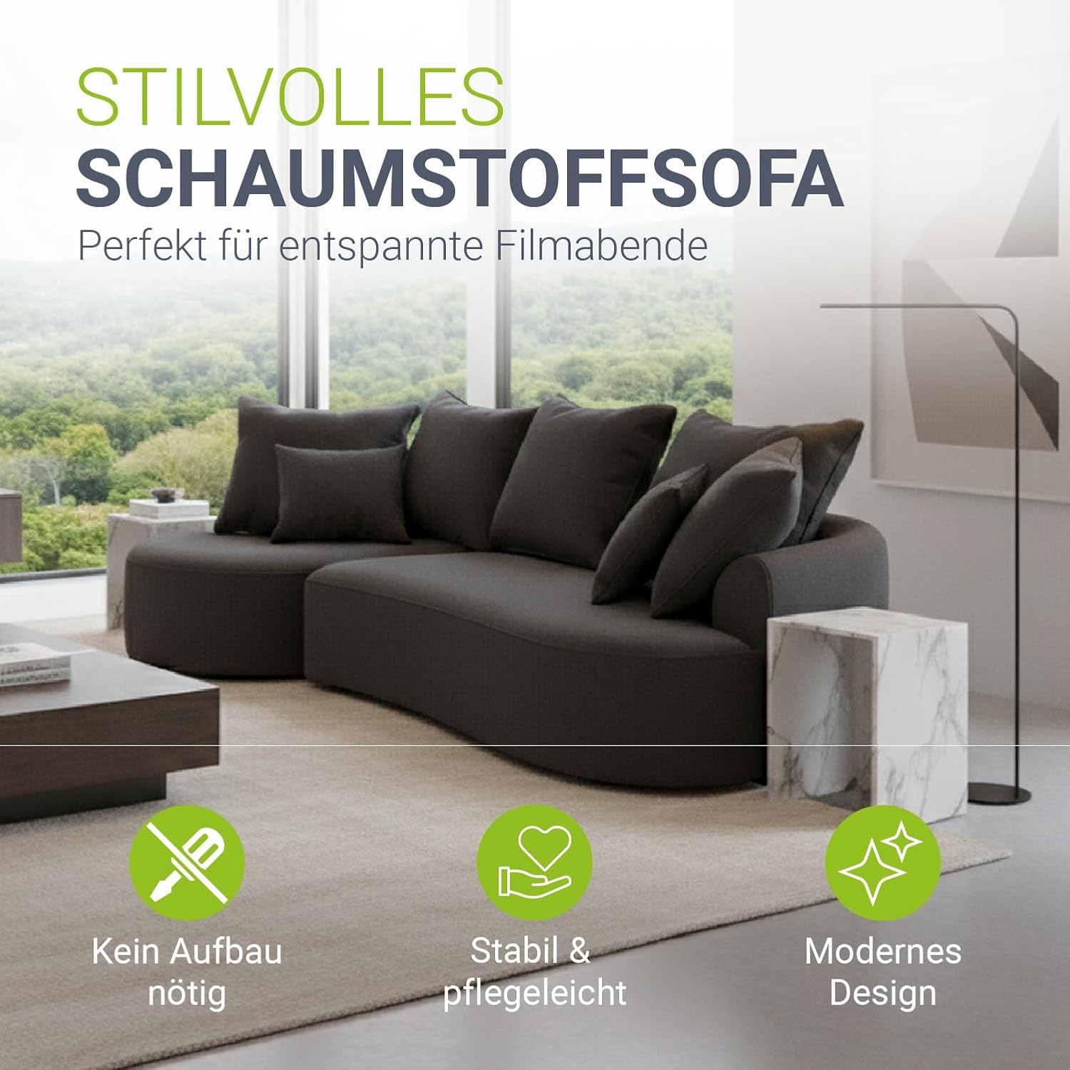 Juskys Sofa Tirano - Samt Grau, Ecksofa mit L-Form, mit Rücken- & Dekokissen, 4-Sitzer Eckcouch, Schaumstoff - Ottomane Links