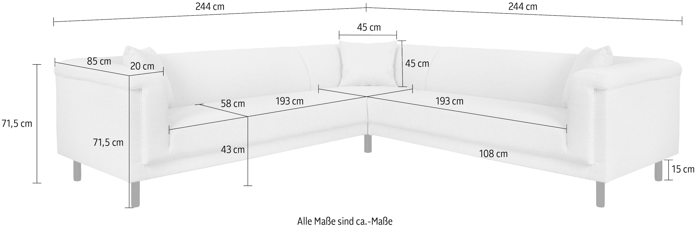 Home affaire Ecksofa »AGNIA L-Form   B/T/H: 244/244/71 cm« incl. Zierkissen, gleichschenklig, auch in Cord