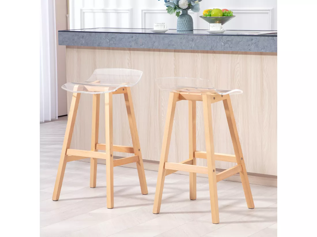 Lot de 2 tabourets de bar design contemporain bois de hêtre assise acrylique transparent