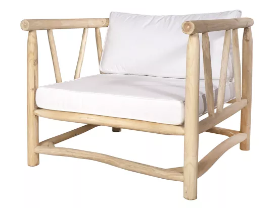 Salon de jardin en teck : un canapé 3 places + 2 fauteuils + 2 tables basses - Naturel clair et blanc - TULUM de MYLIA