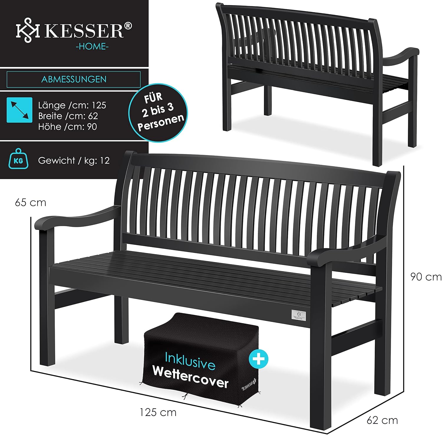 KESSER® Gartenbank Holz Holzbank wetterfest | Für 2 bis 3 Personen | Parkbank aus Massivholz | Sitzbank 320kg belastbar 125 cm | Balkonbank Bank für Balkon Terrasse & Garten inkl. Cover Anthrazit