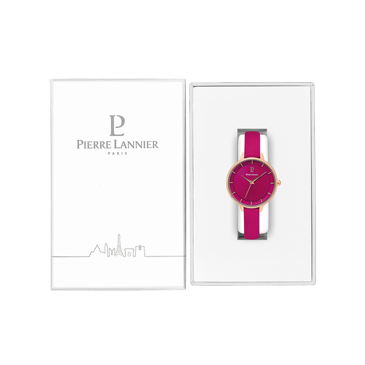 Montre PIERRE LANNIER femme acier doré rose bracelet cuir framboise