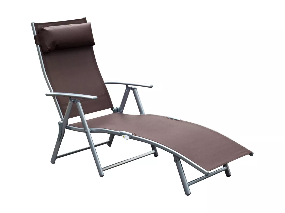 Outsunny transat chaise longue bain de soleil pliable dossier inclinable multi-positions têtière fournie 137L x 64l x 101H cm métal époxy textilène marron
