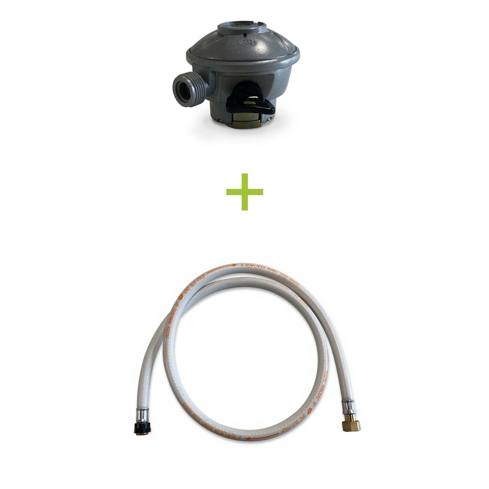 Kit tuyau flexible de gaz 1.5 m à embouts mécaniques + détendeur quick-on ø20mm propane 37mbar 1.5kg/h. Raccord rapide – normes nf