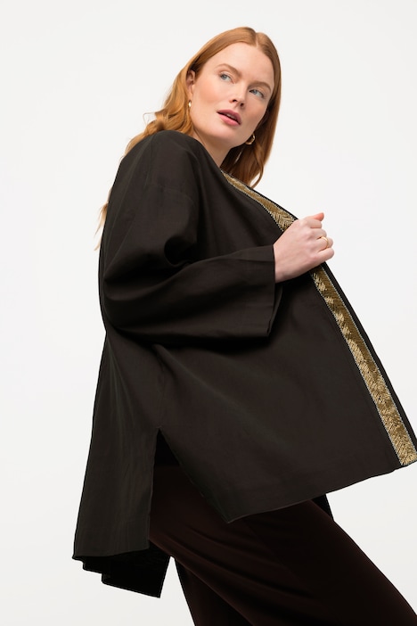 Kimono-Jacke, Schalkragen, Leinenmix, Perlenborte