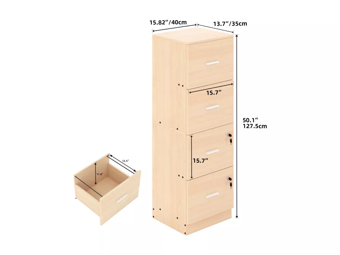 YITAHOME Caisson Bureau avec 4 tiroirs, 127,5 cm Armoire de Classement Verrouillable, Armoire pour Format A4, Couleur du bois