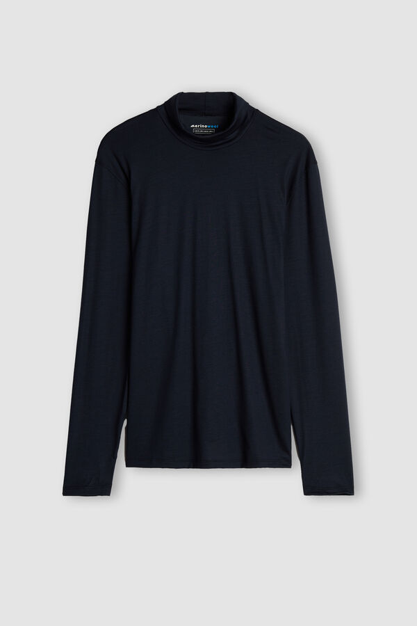 Camiseta de manga comprida com gola alta em lã merino