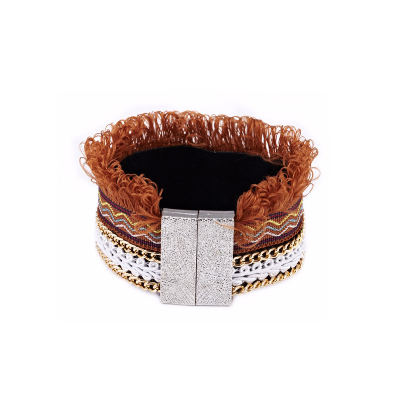 Bracelet à Franges, Coton Marron et Acier Inoxydable