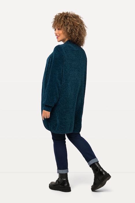 Chenille-Strickjacke, Oversized, V-Ausschnitt, offene Form