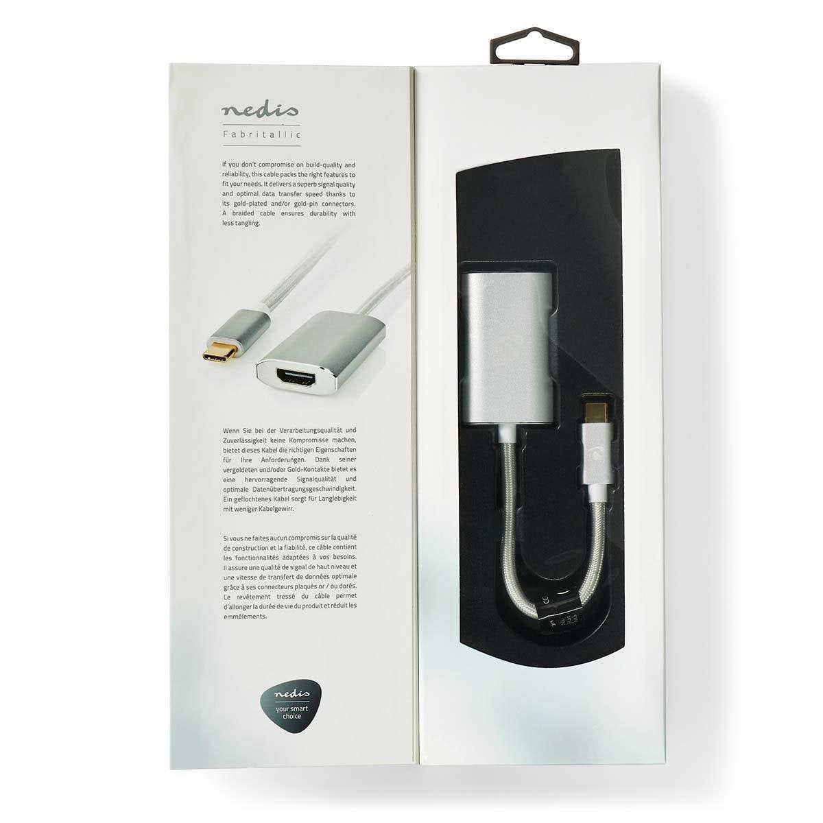 Nedis USB-C™ Adapter | USB 3.2 Gen 1 | USB-C™ Hann | HDMI™ Output | 4K@60Hz | Power delivery | 0.20 m | Rund | Gull belagt | Flettet / Nylon | Sølv | Deksel Vindusboks