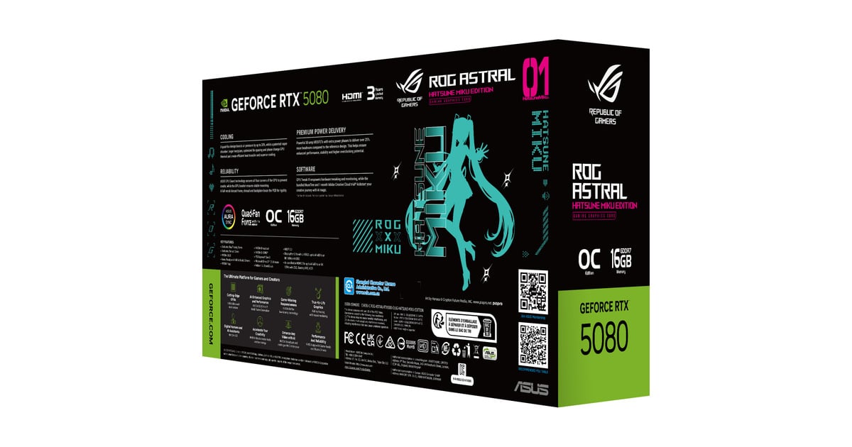 ASUSGeForce RTX 5080 ROG ASTRAL GAMING OC Hatsune Miku Edition grafische kaart  (Turquoise, DLSS 4, 3x DisplayPort, 2x HDMI 2.1)