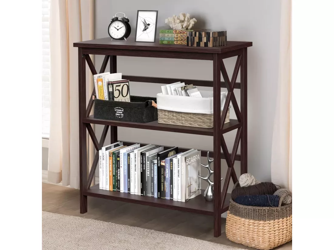 Bibliothèque étagère de rangement,en bois à 3 niveaux, dispositif anti-basculement (café)