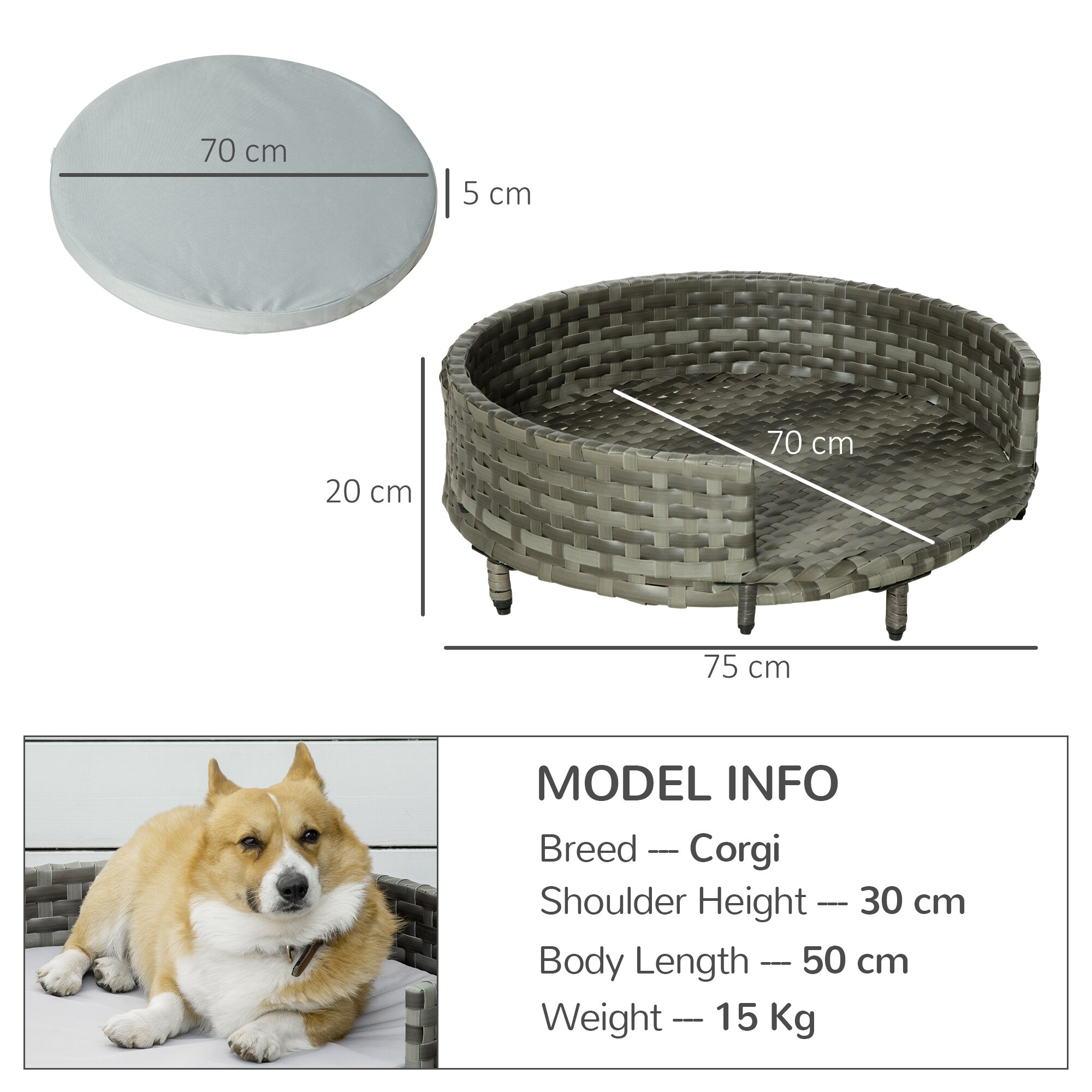PawHut Hundesofa mit Kissen grau 75L x 75B x 20H cm