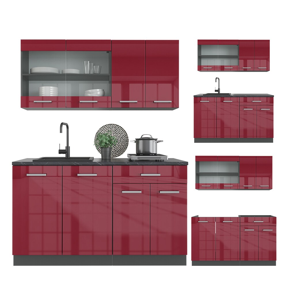 VICCO Küchenzeile R-LINE SINGLE Einbauküche 140 cm Küche Küchenblock Singleküche Anthrazit Bordeaux Hochglanz