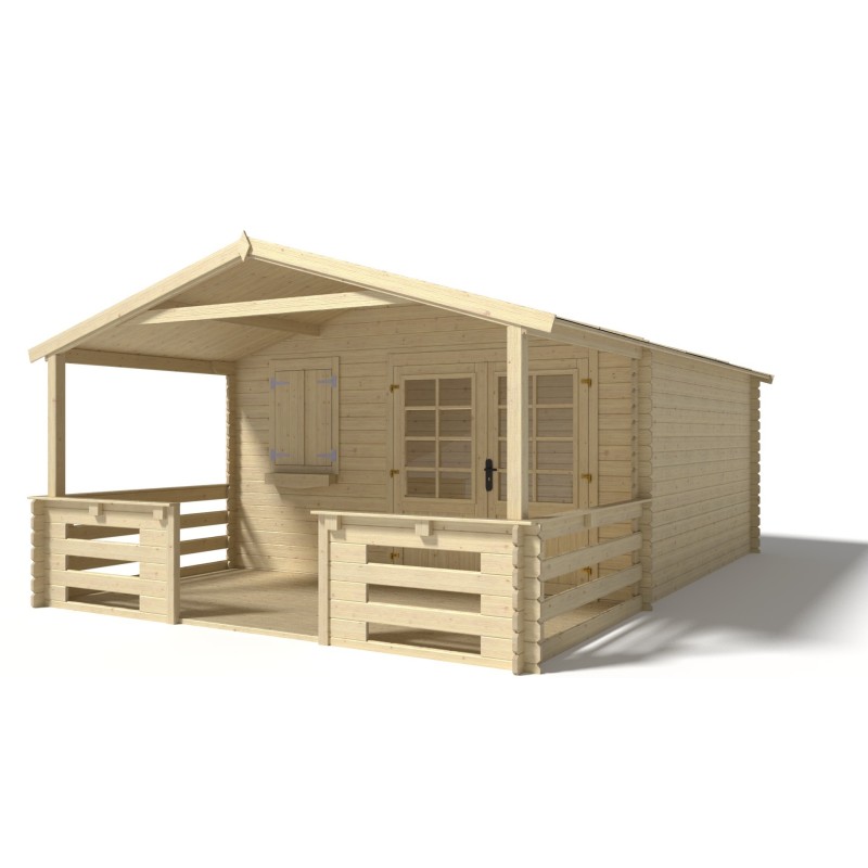 Abri de jardin en bois - 4x4 m - 24 m2 + terrasse avec balustrade et avant-toit en bois