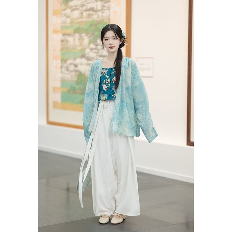 Keiko Girl - Hanfu open voorkant jas / bloemen camisole top / wijde broek / set