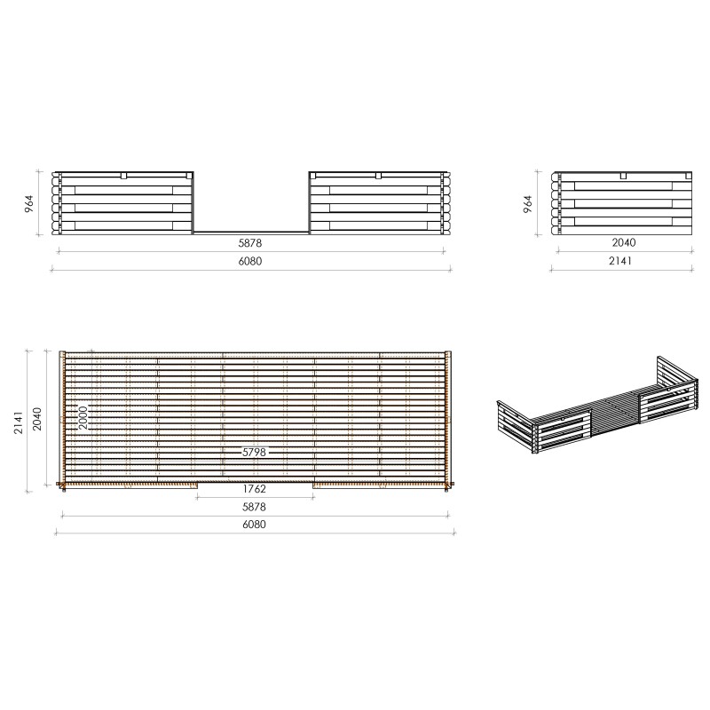 Abri de jardin en bois - 6x6 m - 48 m2 + terrasse avec balustrade et avant-toit en bois