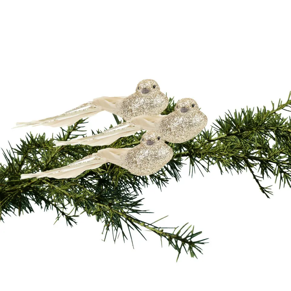 Krebs Vogels - decoratief glas - 3x - op clip - goud-glitter - 21 cm