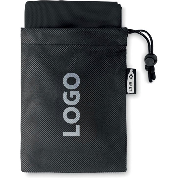 Serviette de sport avec pochette publicitaire en RPET toucher microfibre 30 x 80 cm - marquage 1 couleur