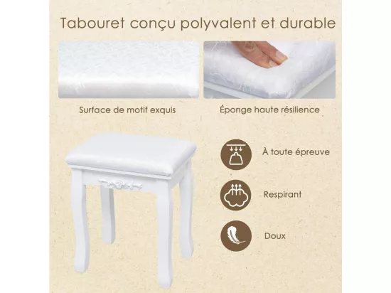 Coiffeuse avec Eclairage, Miroir Ovale, Pivotant à 360°, 10 Lumières, Tabouret Rembourré Inclus, avec 3 Tiroirs de Rangements, Blanc