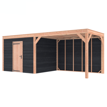 Tuinhuis met overkapping Douglas hout Zweeds rabat onbehandeld zwart 645 x 255 cm