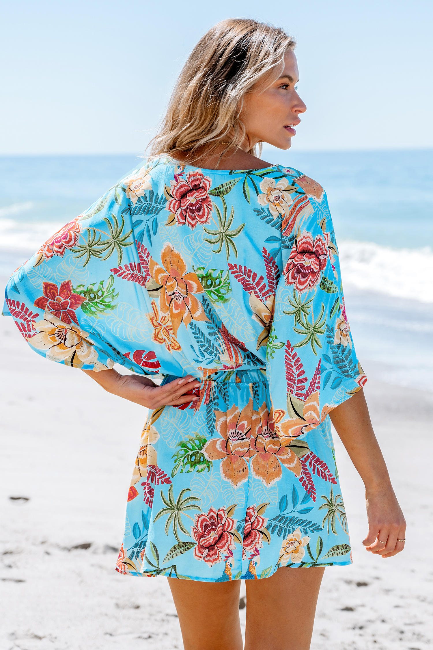 Robe mini à manches dolman tropicale bleue