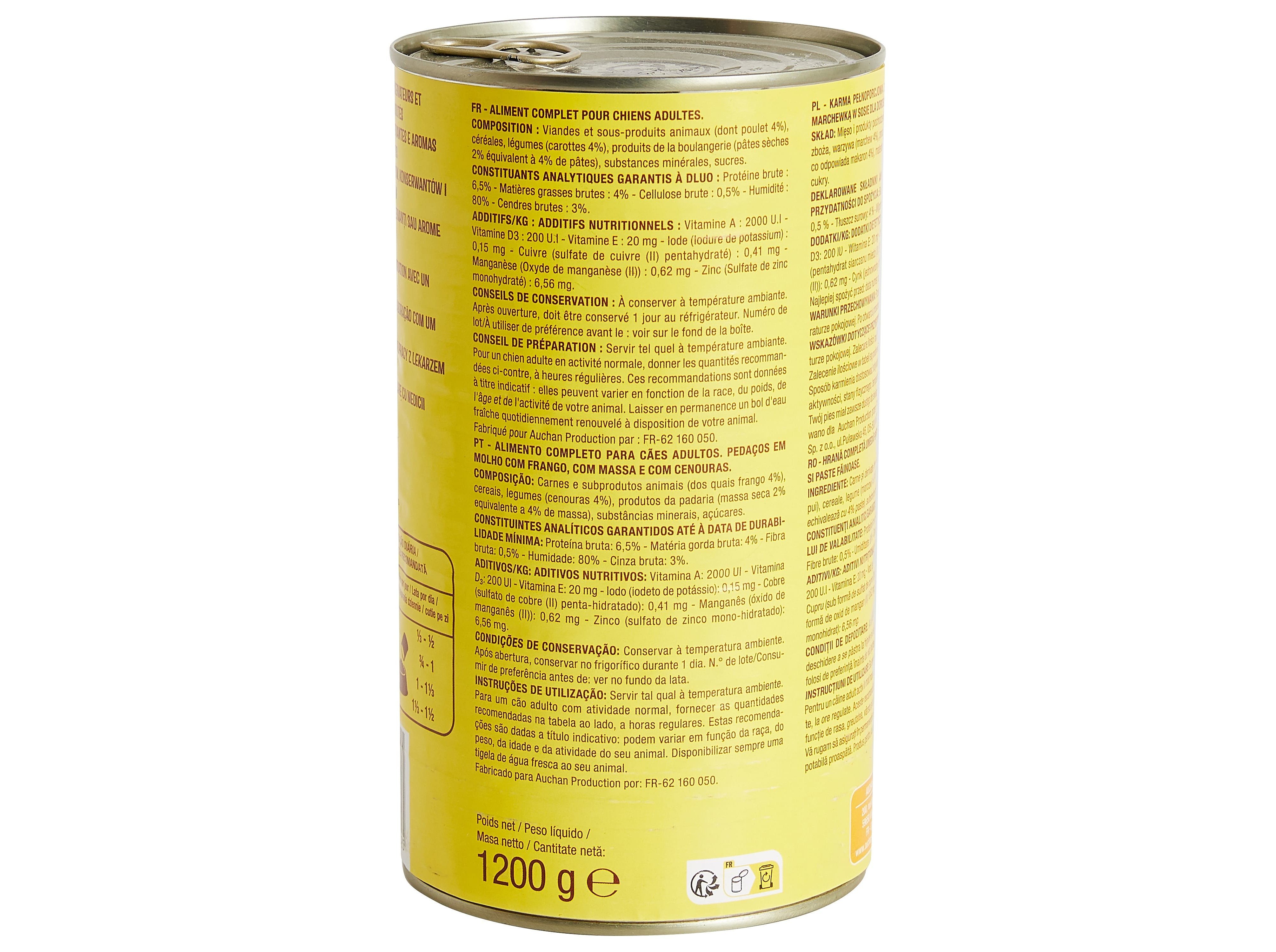COMIDA HÚMIDA PARA CÃO AUCHAN PEDAÇOS EM MOLHO COM FRANGO COM MASSA E COM CENOURAS 1200G