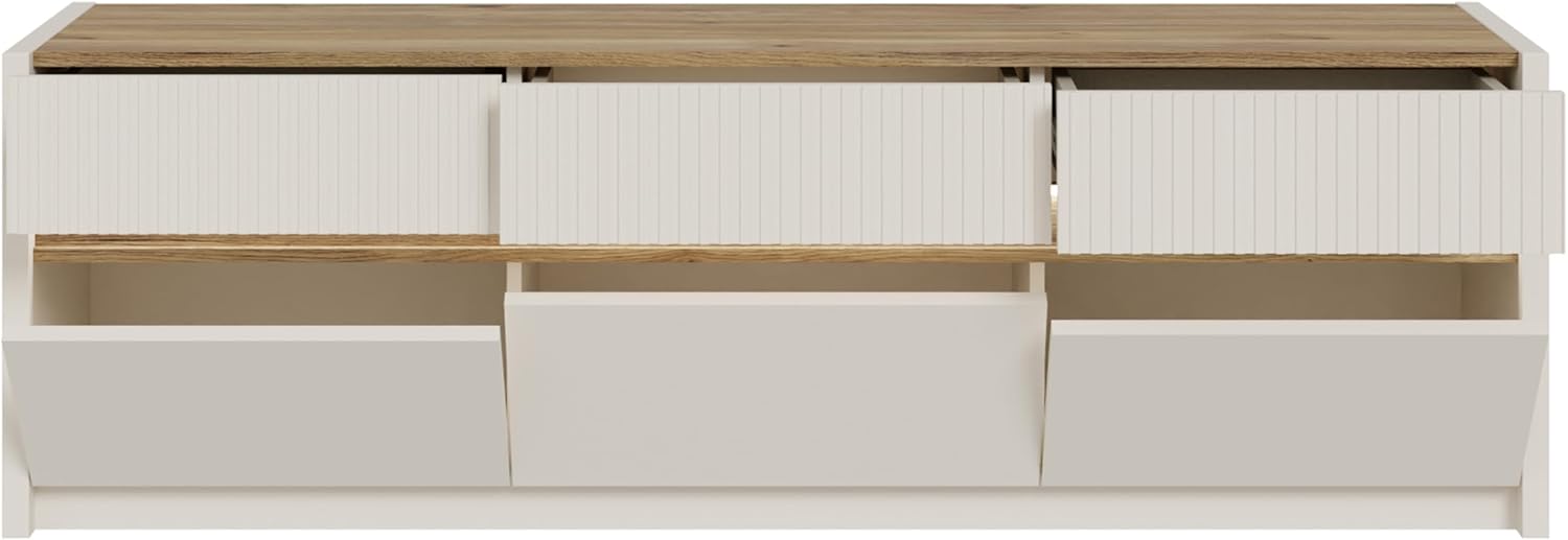 Forte Oak SQUERE TV-Schrank 160, Elegantes Lowboard mit 3 Schubladen und 3 Kippfächern, Holzwerkstoff, Mauvella Eiche Holzdekor, 160 cm breit x 50,7 cm hoch x 41,5 cm tief