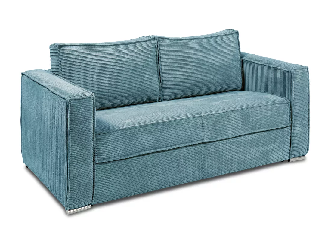 Canapé 3 places convertible express en velours côtelé bleu turquoise - Couchage à lattes larges 140 cm - Matelas 22 cm LORETO