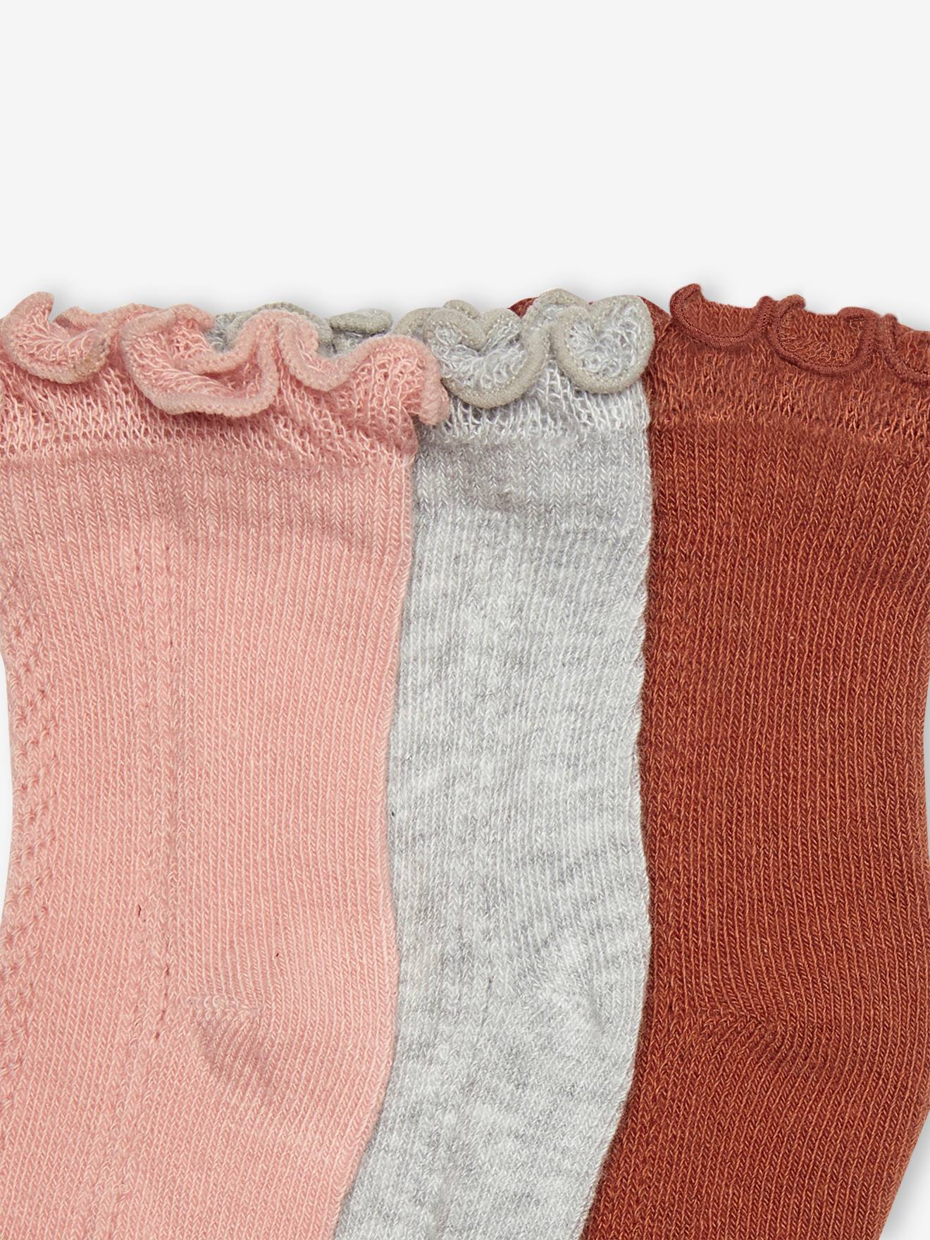Pacote com 3 pares de meias de tricô vazado, lisas, rosa médio, para meninas.