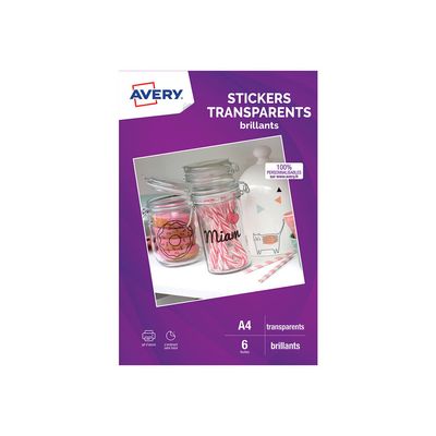 Avery - Stickers transparents A4 - 6 feuilles - impression jet d'encre