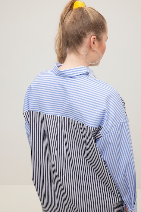 Hemdbluse, oversized, Patch Look, Hemdkragen, Langarm, Streifen
