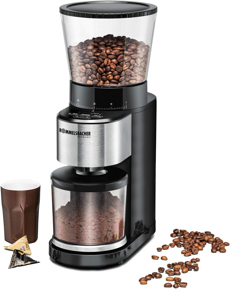 ROMMELSBACHER Kaffeemühle EKM 500 - Kegelmahlwerk, Präzisions-Waage, Halterung für Siebträger, Mahlgrad in 39 Stufen, 5 Funktionstasten für individuelle und flexible Nutzung, Schwarz/Edelstahl