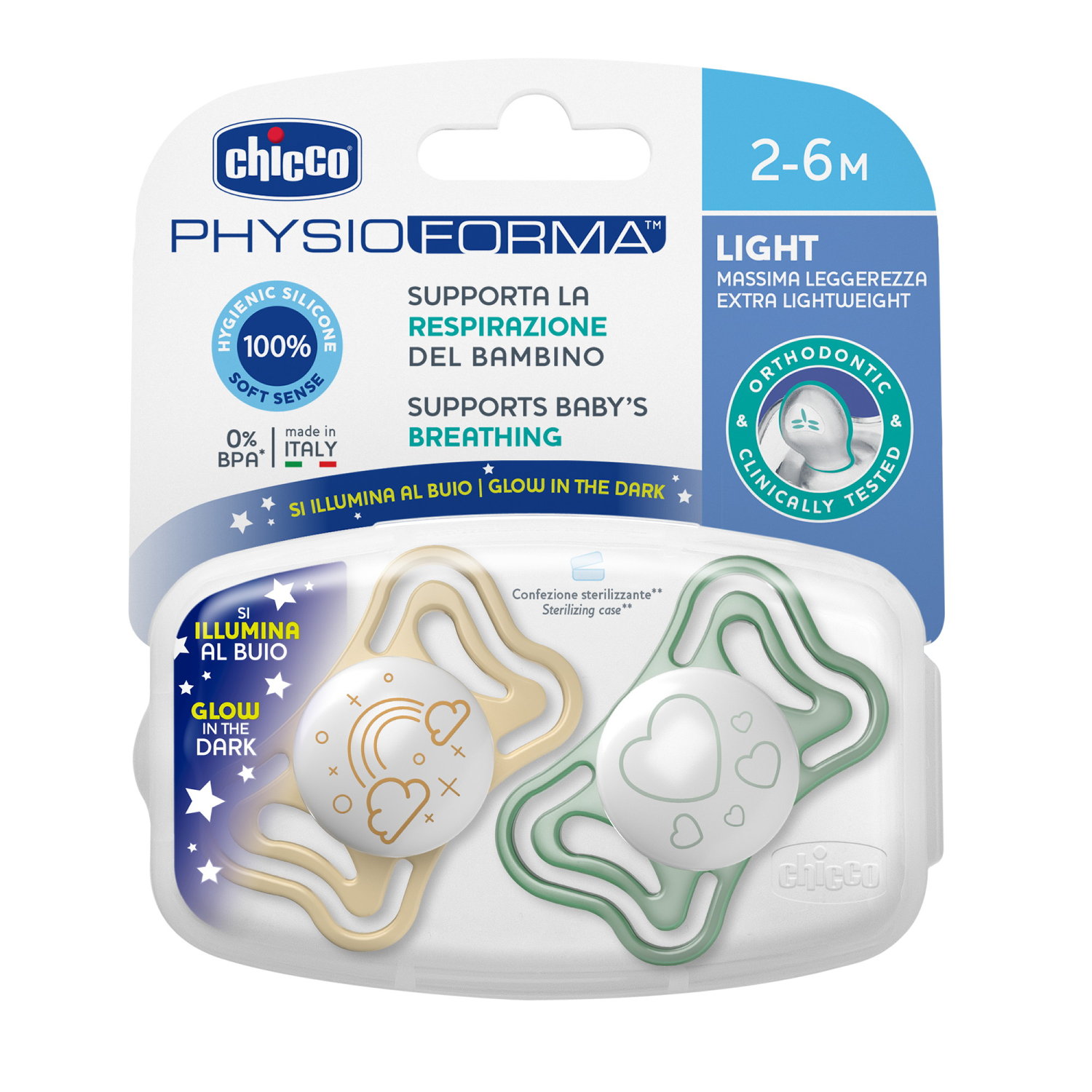 CHICCO Physiologischer Beruhigungssauger PHYSIO FORMA LIGHT Silikon GLOWING NEUTRAL 2-6m 2 Stk