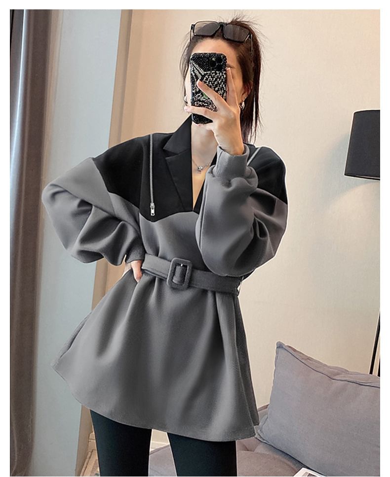 Kwuartz - Mini-sweatjurk met lange mouwen, reverskraag, V-hals, kleurblok en riem