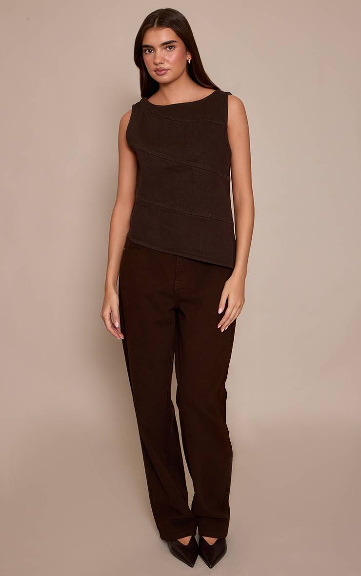 Chocolat Haut En Denim Sans Manches À Détail De Couture Asymétrique